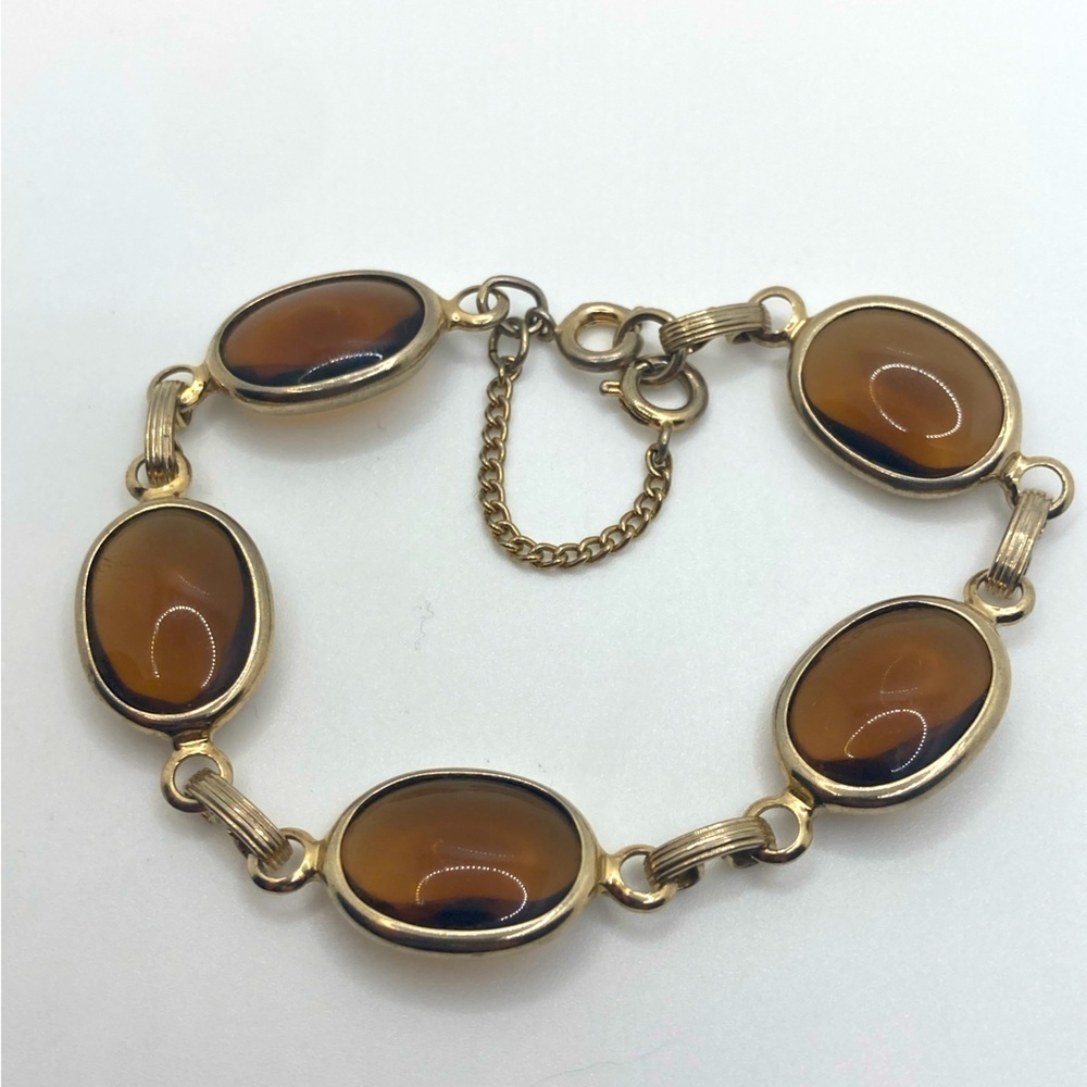 Vtg Gold Tone Oval Brown Glass Link Bracelet 7.5”